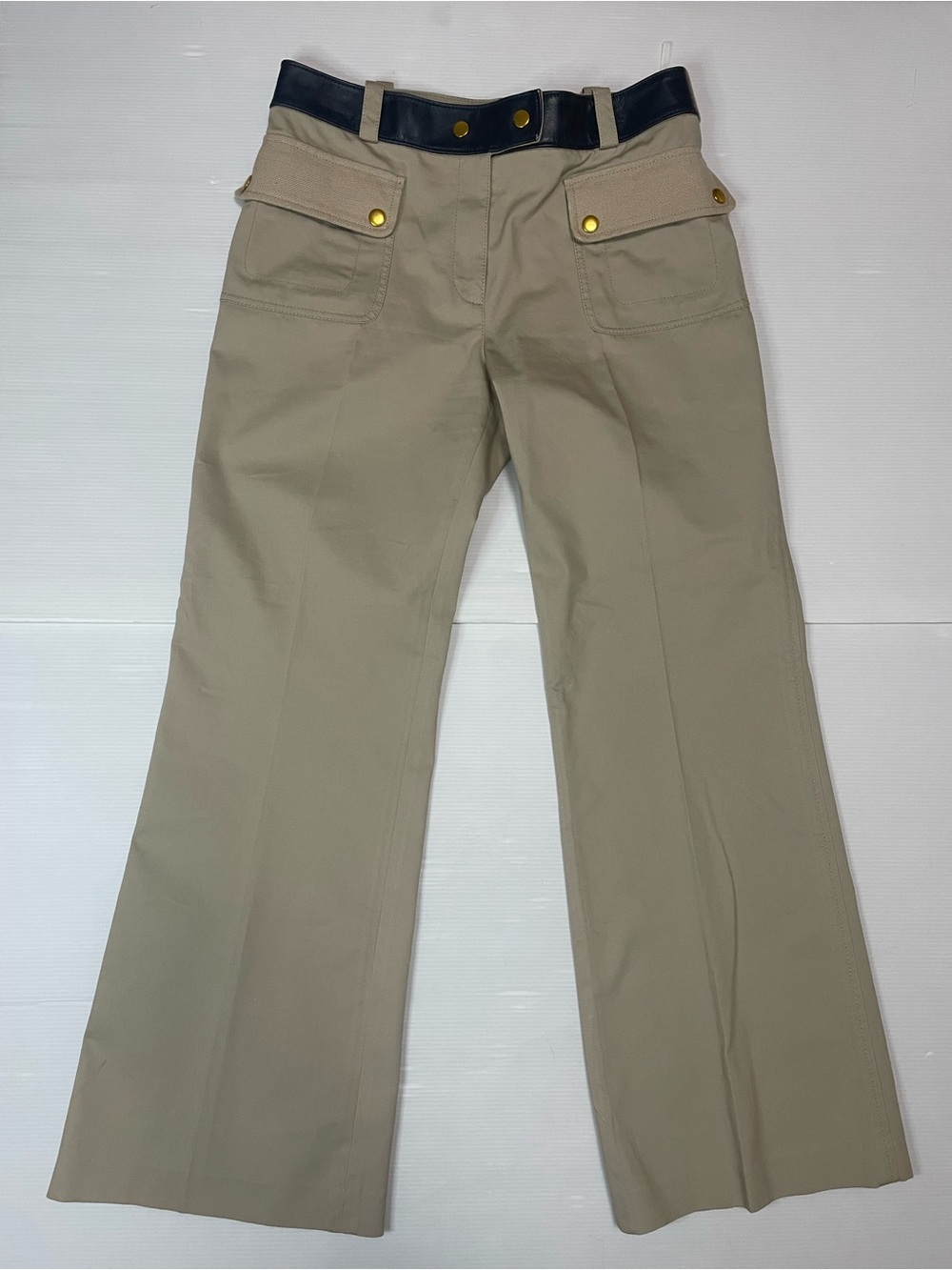 Tory Burch Women's Joss Safari Pants Khaki W/ Navy Leather Waistband Size 4